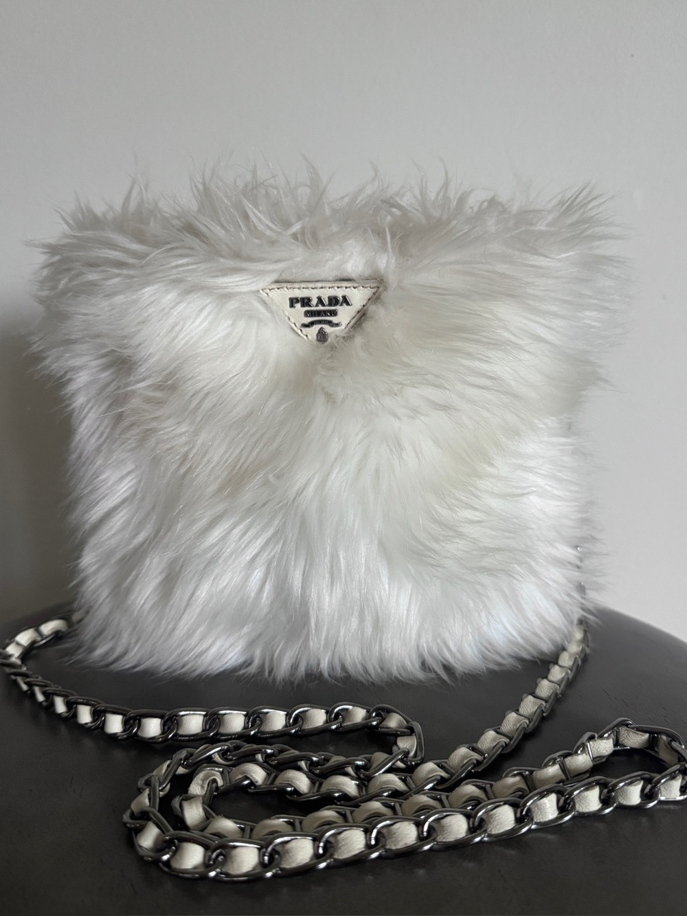 Vintage Prada Faux Fur Chain Crossbody Bag White Y2K